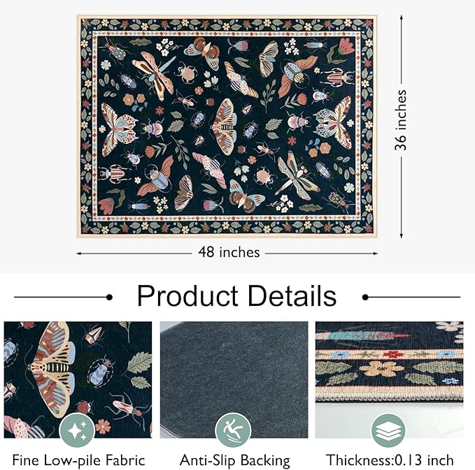 Anidaroel 36"x48" Office Chair Mat for Hardwood Floor/Tile, Black Insect Print Desk Floor Mats, Anti-Slip Floor Mat for Office Chair, Low Pile Desk Chair Mat for Hardwood