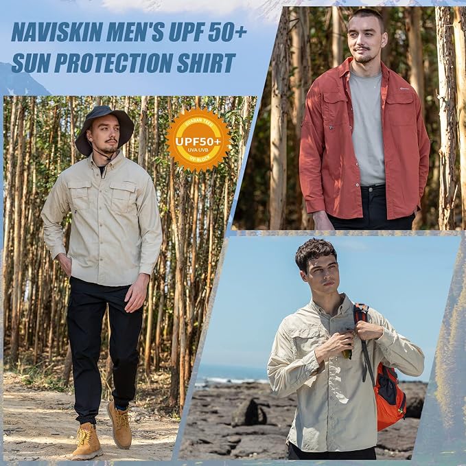 NAVISKIN Men's UPF 50+ Sun Protection Long Sleeve Fishing Shirts | UV Protective, Quick Dry, Vented Back, Utility Pockets, Roll Up Sleeves, Lightweight PFG Shirts For Hiking Camping Safari
