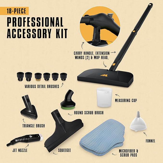 McCulloch MC1275 Heavy-Duty Steam Cleaner, 45 Min Runtime, 18 Accessories | Mop Head, Brushes, & More - Built for Home, Tile, Grout, Carpet, Furniture, & Personal Car Detailing