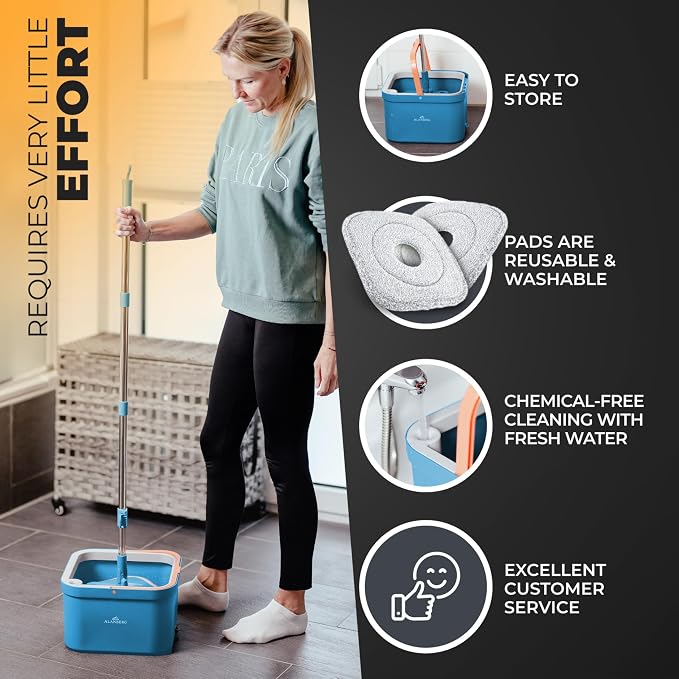 Mop and Bucket Set, Mops for Floor Cleaning, Spin Mop, Blue | Spin Mop With Wringer, Dual Chamber Bucket, Flat Microfiber Mop, 2 Washable Heads, 63 Inch Handle