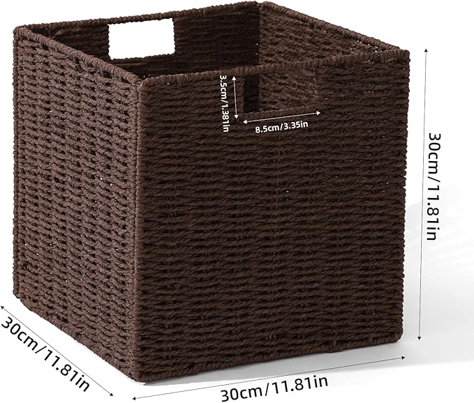 12x12x12 Inch Wicker Storage Basket, Set of 2 Hand-Woven Paper Rope Wicker Baskets, Foldable Cube Storage Bins, Brown Storage baskets Cubes, Square Baskets for Organizing Shelves Decor