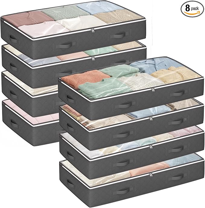 Budding Joy 95L Under Bed Storage Containers, 8 Pack Storage Bags Grey | Underbed Storage Bags for Blankets, Towels, Comforter, Sweaters, Linen Sheets, Wrapping Paper