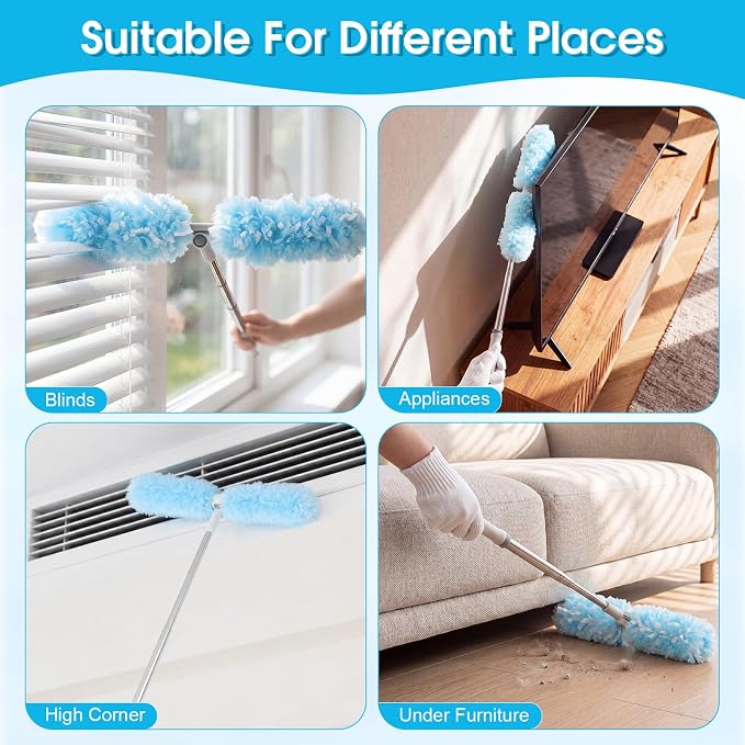 40 Pcs Heavy Duty Duster Refills with 6 ft Extendable Handle and 1 Pair of Gloves, Compatible with Swiffer 360° Disposable Microfiber Feather Dusters Kit for Cleaning Home(Blue)