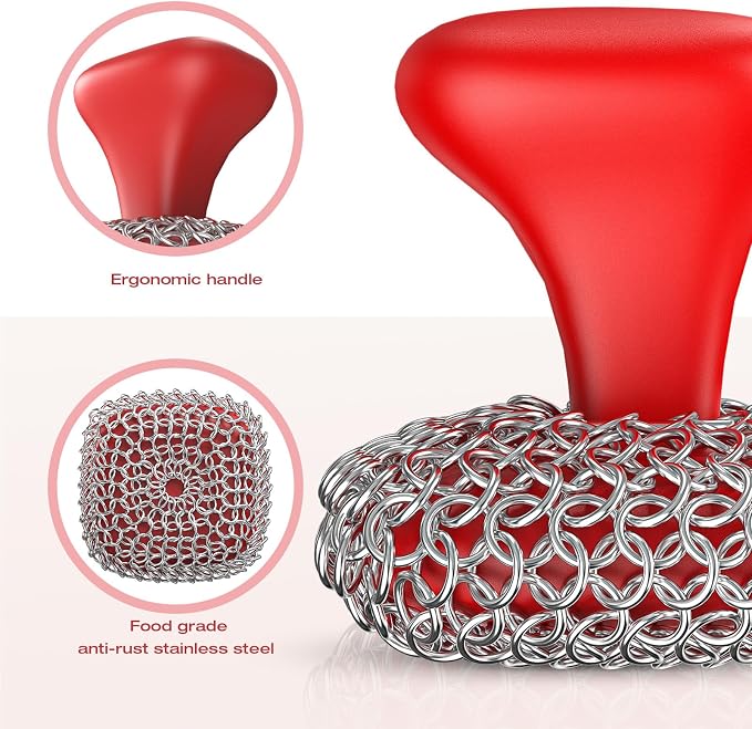 Cast Iron Scrubber Dish Scrub Brush for Cast Iron Pan Skillet | 316 Cast Iron Cleaner, Chain Mail Scrubber Cast Iron, Dish Scouring Pad, Dishwasher Safe, Cleaning Kit, Red