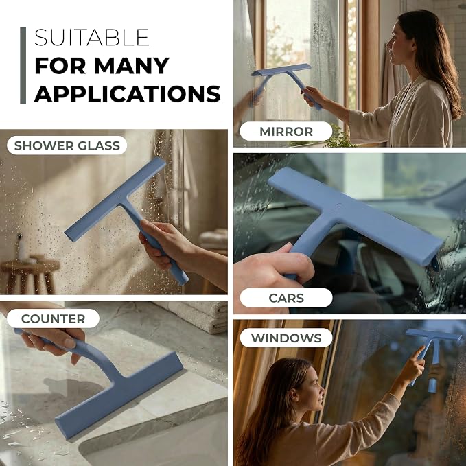 Silicone Shower Squeegee with 3-in-1 No-Drill Mount, Blue, 11'' | Streak-Free & No-Squeak Window Cleaning, Stainless Steel Core, Hook/Suction/Adhesive, Squeegee for Glass Doors & Mirrors
