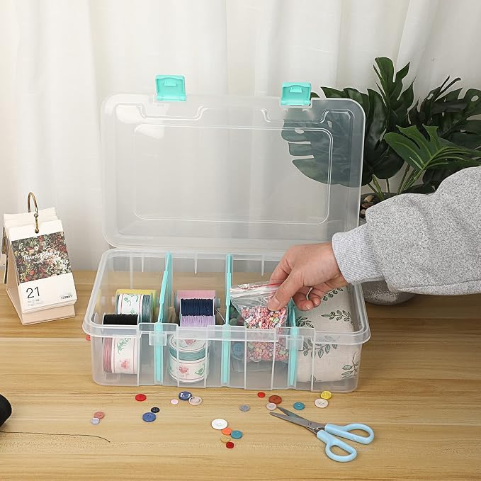 BTSKY Clear Plastic Dividing Storage Box with 4 Compartments Adjustable Storage Bin with Lid Plastic Craft Storage Container Multipurpose Sewing Box Art Supply Organizer, 13.3x8.1x3.4 Inches | 13.3x8.1x3.4 Inches Adjustable Storage Bin with Lid Plastic...