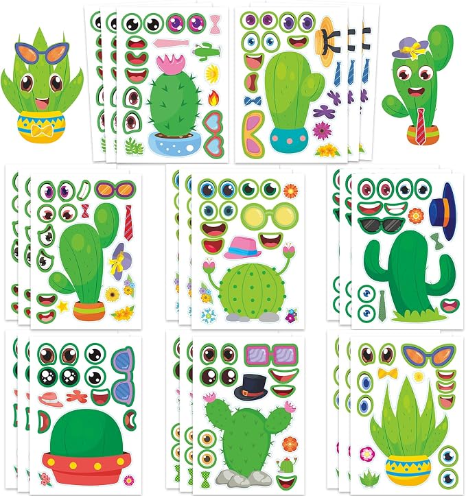 24 Sheets Cactus Make a Face Sticker, Make Your Own Cactus Stickers Mix and Match Sticker for Home School Classroom Crafts Activities Reward Birthday Party Favors
