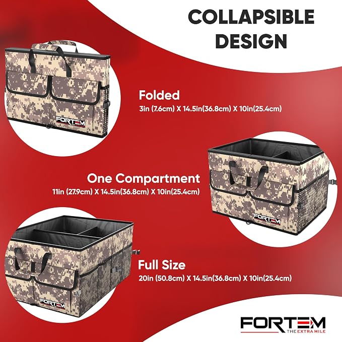 FORTEM Trunk Organizer - Foldable Car Organizer & Storage for SUVs & Trucks | Car Accessories for Men Women, Collapsible Bag, Non Slip Bottom, Straps, Soft Cover, 600D Oxford, 3 Compartments, 50L