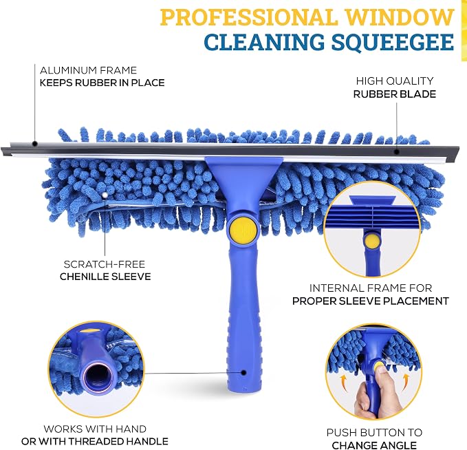 2-in-1 Window Squeegee Cleaning Combo | Glass Cleaner Tool for Commercial and Residential Use, 2 Reusable 12” Sleeves and 14” Blade