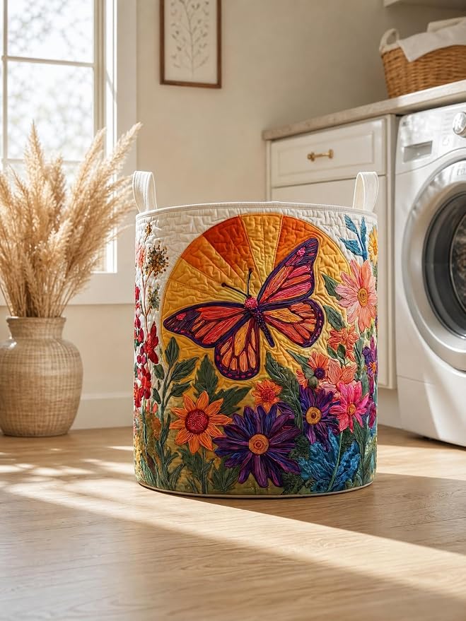 Quilted Laundry Basket with Handles, Boho Floral Quilted Storage Hamper, Large Capacity Laundry Hamper for Nursery Bedroom Laundry Room Home Decor (Pattern 05, Medium (22"H x 16"W x 16"L))