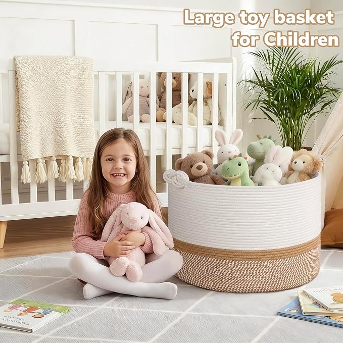 22"x22"x14" Large Blanket Basket, Home Décor for Living Room Bedroom, Cotton Rope Laundry Basket for Clothes Pillows, Baby Fall Decorations for Home Toy Storage, White & Camel