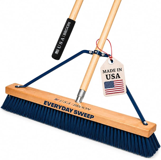 24" Blue Everyday Sweep Indoor/Outdoor Push Broom with 60" Handle. Ideal for Garages & Shops. Durable American Made Steel Brackets-All Stainless Steel Hardware. No Plastic. 100% USA Made