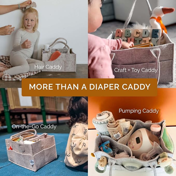 Parker Baby Co. Felt Diaper Caddy Organizer - Large, Charcoal | Portable nursery storage bin sorts diapers, wipes, bottles & baby essentials in home/car. Soft felt, foldable design 16x10x7"