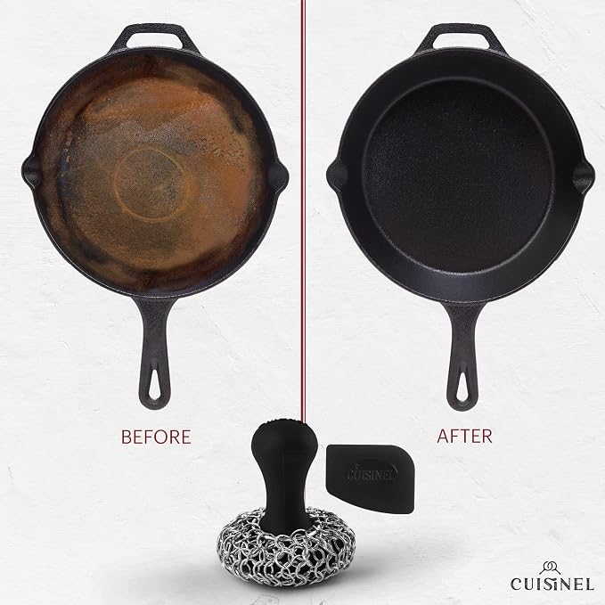 Cuisinel Cast Iron Chainmail Scrubber + Pan Scraper - Ergonomic Design Stainless/Silicone Cleaner for Pots & Skillets - Easy to Clean, Dishwasher Safe, Cookware Sponge Accessory