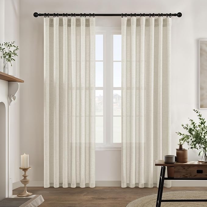Natural Linen Curtains 92 Inches Long 2 Panels Cream Semi Sheer | Light Filtering Drapes, Hook Belt, Rod Pocket, for Living Room Bedroom, Window Curtain, Boho Neutral