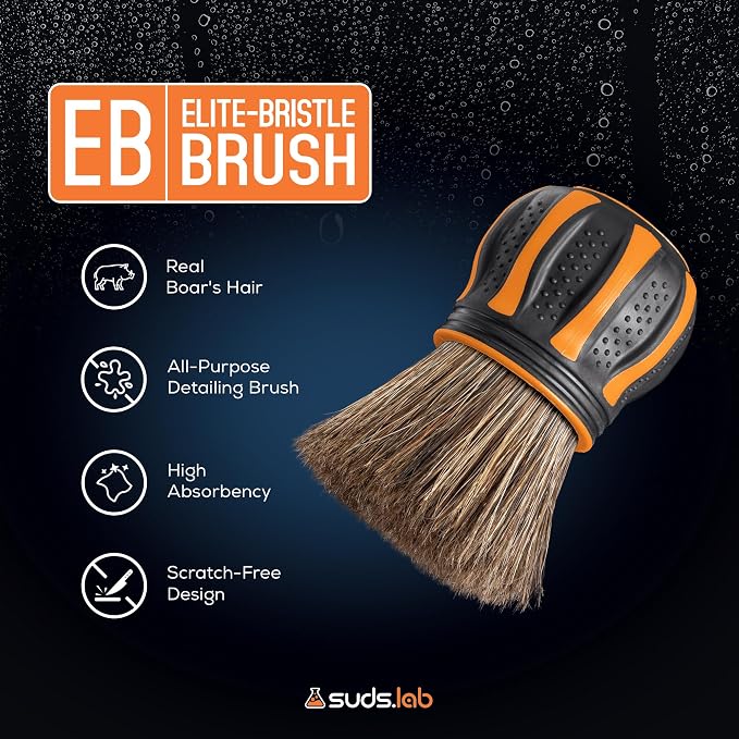 Suds Lab Elite-Bristle Boar's Hair Detailing Brush, Deep Cleaning, Stand | Metal-free, high absorbency tool for scratch-free interior & exterior car detailing
