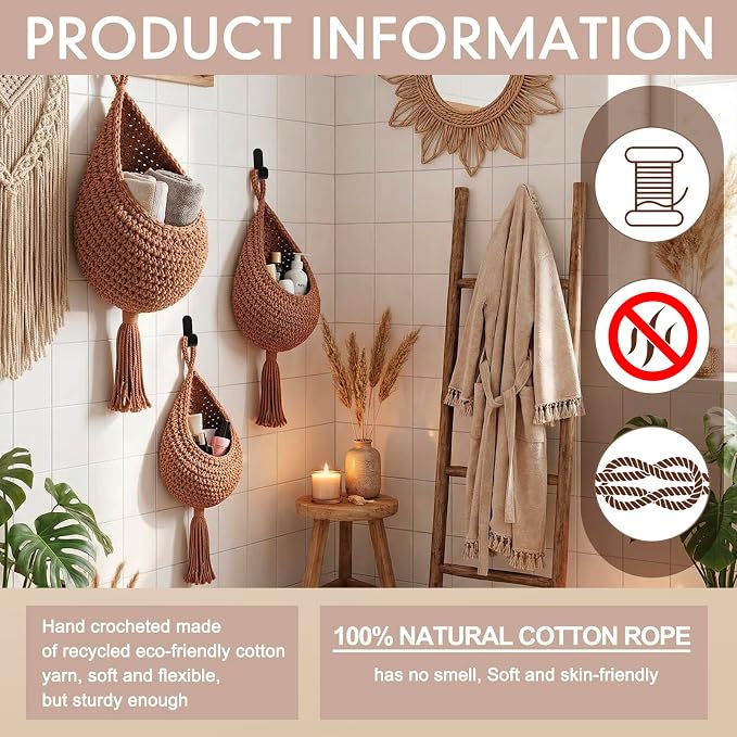 Honeydak 3 Hanging Baskets, White, Cotton Rope, Tassel | Wicker Wall Baskets with Hooks for Fruit Vegetable Onion Storage, Teardrop Organizer for Kitchen, Boho Farmhouse Decor
