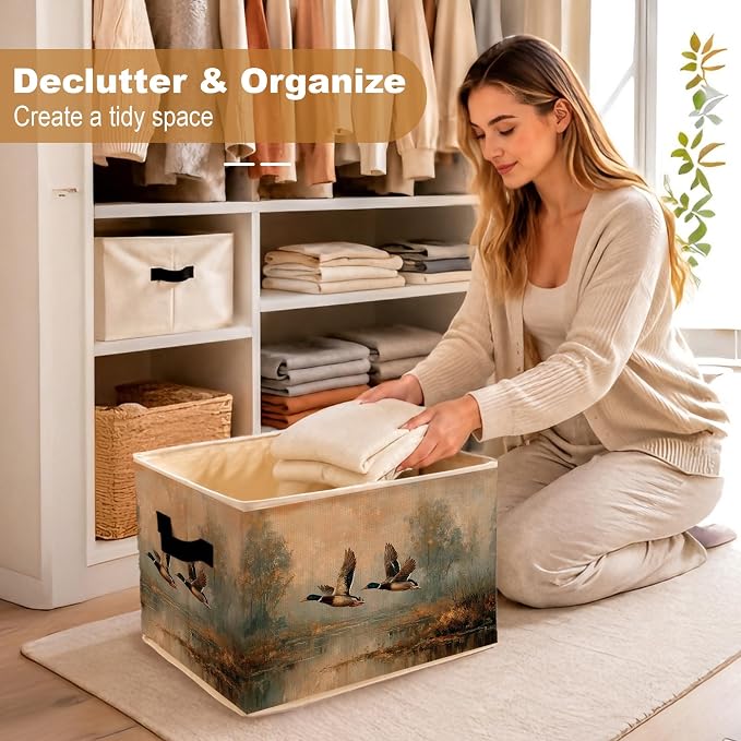 Vintage Flying Mallard Duck Storage Bins Box, Country Landscape Duck Foldable Storage Basket with Handles for Farmhouse Cabin Bedroom Bathroom Home Clothes Books Organizer