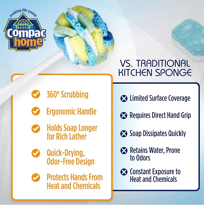 Compac Home Dish Wand Plus Cello, Foam & Scour Sponge Petals Brush and Clean Dishes, Pots, Bottles, & Glassware, 2 Count