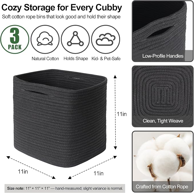 11x11x11 Cube Storage Bin - 3 Pack Woven Storage Cubes Organizer, 11 Inch Black Cotton Rope Baskets for Organizing, Square Baskets for Shelves, Nursery Closet Bins, Cubby Toy Box Organizer