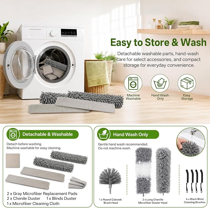 15-Piece Duster with Extension Pole, Cobweb Duster for High Ceiling | Spider web brush and flat gap cleaner for homes, apartments, fans, blinds, walls, furniture, cars and under appliances