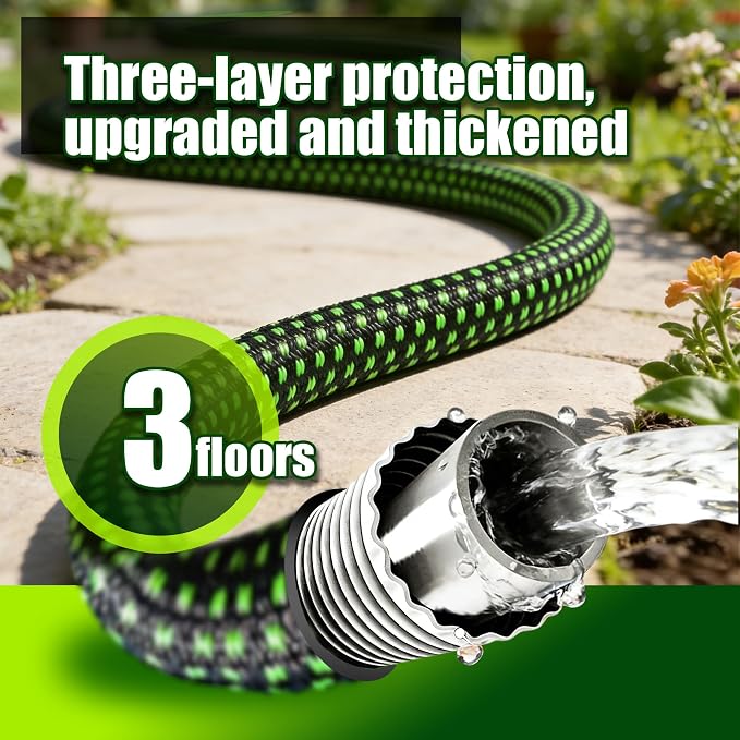 Garden Hose 25FT, Ultra Lightweight with 10-Function Nozzle | Kink-free & leak-proof 25FT hose. Ultra-lightweight 2.8 lbs, durable fittings, 10-pattern nozzle. Includes 3 extra washers.