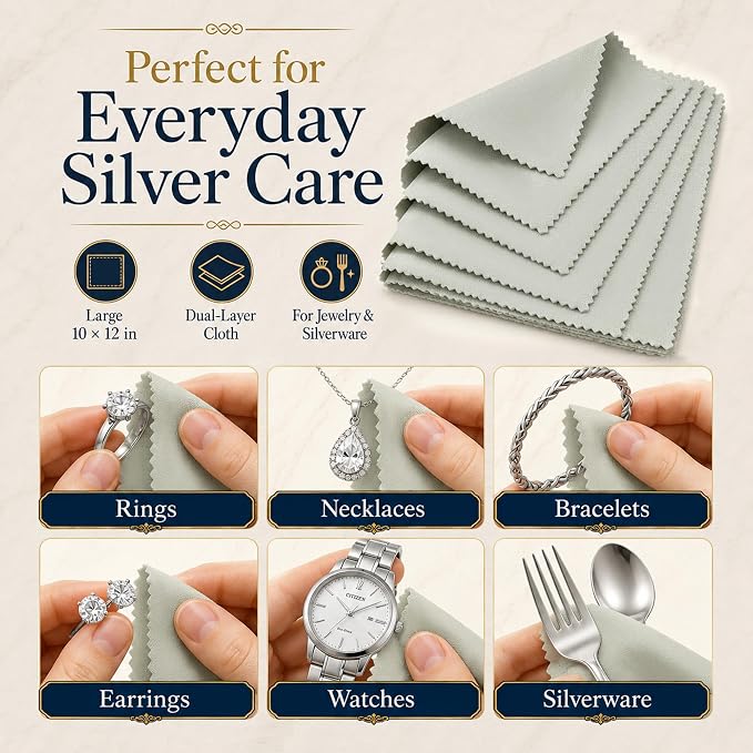 Bonison 3 Pack Large Silver Polishing Cloth – 10"x12" Jewelry Cleaning Cloth & Multi-Layer Jewelry Polishing Cloth for Silver, Gold, Diamond, Platinum, Coins, Watches, Gemstones（Gray）