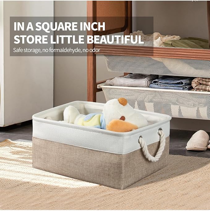 8 Pack Storage Basket Bins - Decorative Baskets Bulk Storage Box Cubes Containers with Handles for Clothes Storage Bathroom, Garage, Books, Home, Office, 13.7L x 9.8W x 6.7H (White&beige)