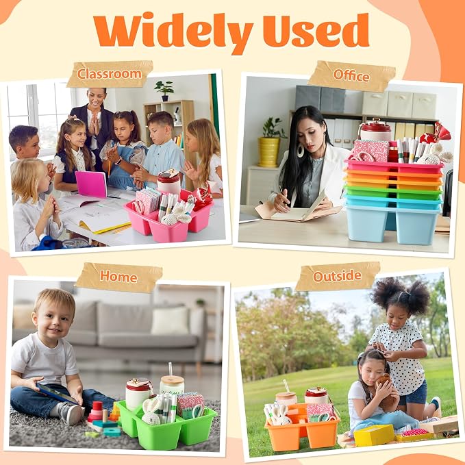 6 Pack Plastic Classroom Organizer Caddy with Handle, Multicolored | 3 Compartment, Portable Supply Storage Caddy, Craft Art Caddies for Pencil, Crayon, Marker, Home, Office, School Supplies