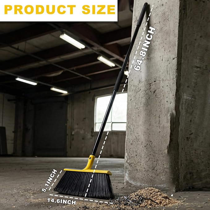 Large Angle Brooms Indoor Outdoor Broom with Long Handle Stiff Bristle Sweeper for Kitchen Garage Deck Courtyard Lobby Patio Lawn Leaves (Yellow)