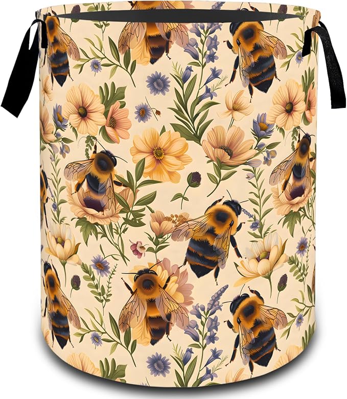 Bee Floral with Daisy Laundry Basket, Dirty Collapsible Clothes Toy Organizer Hamper for Kids Adults, Oxford Cloth Waterproof Storage Bin for Bedroom Bathroom Home Decor Gifts, 19.7"X15.7"