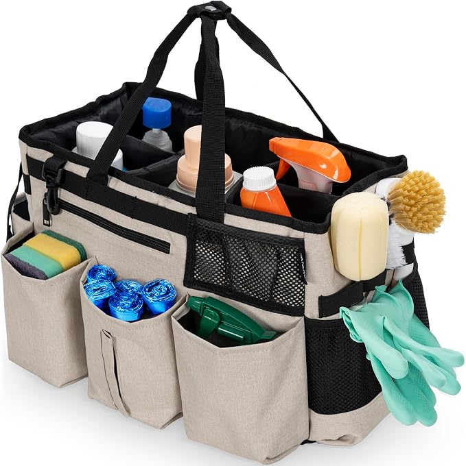 IBVIVIC Wearable Cleaning Caddy Bag for Cleaning Supplies, White | Cleaning Organizer Tote Bag with Handle & Shoulder Straps Kitchen Cleaning Supplies Storage Bag for Cleaners & Housekeepers