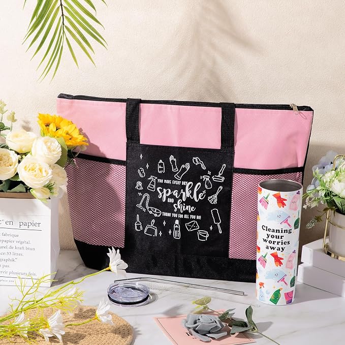 Sieral Housekeeping EVS Week Appreciation Gift, Housekeeper, Pink | Insulated Tumbler 20oz & Large Tote Bag Set for Women Custodian School Healthcare Cleaning Crew House Cleaner Maid Janitor