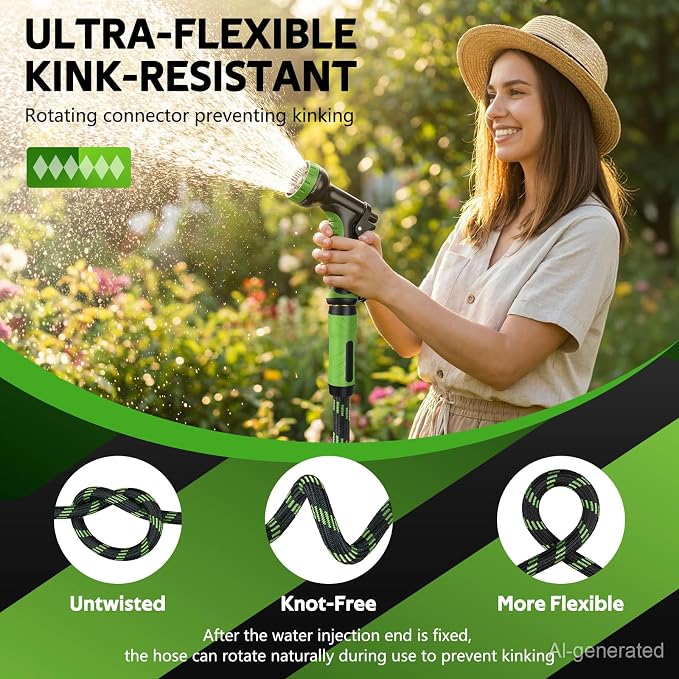 NON-EXPANDABLE Garden Hose 50 FT Water Hose with 10-Function Spray Nozzle | Yard hose Heavy Duty Steel Metal Flexible,Durable Fabric Skin,No Kinks & Leak-Proof with Upgraded Handle hose pipe outside