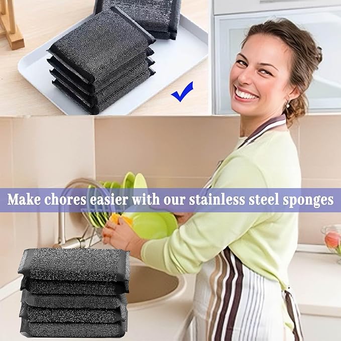 Steel Wool Scrubber Dish Sponges - Kitchen Scrubbing Pads Pot Scrubber for Kitchen Non Scratch, Soft and Fast sponges for Cleaning (6 Pack)