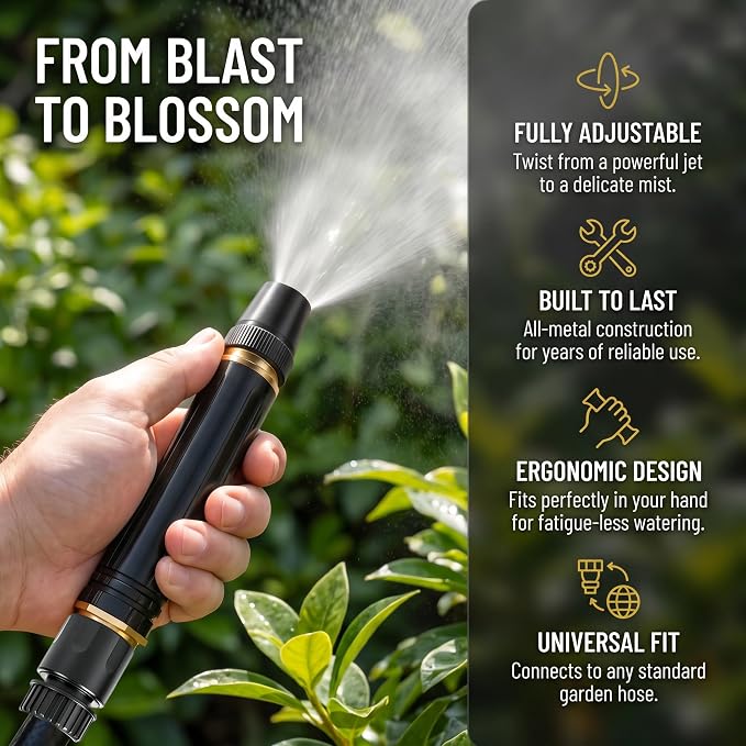 Heavy Duty Hose Nozzle, Adjustable water High Pressure Water Hose Nozzle | US Standard 3/4"with metal material leak-proof Garden Hose Sprayer, Car Wash, Lawn, Garden Watering, Patio Cleaning