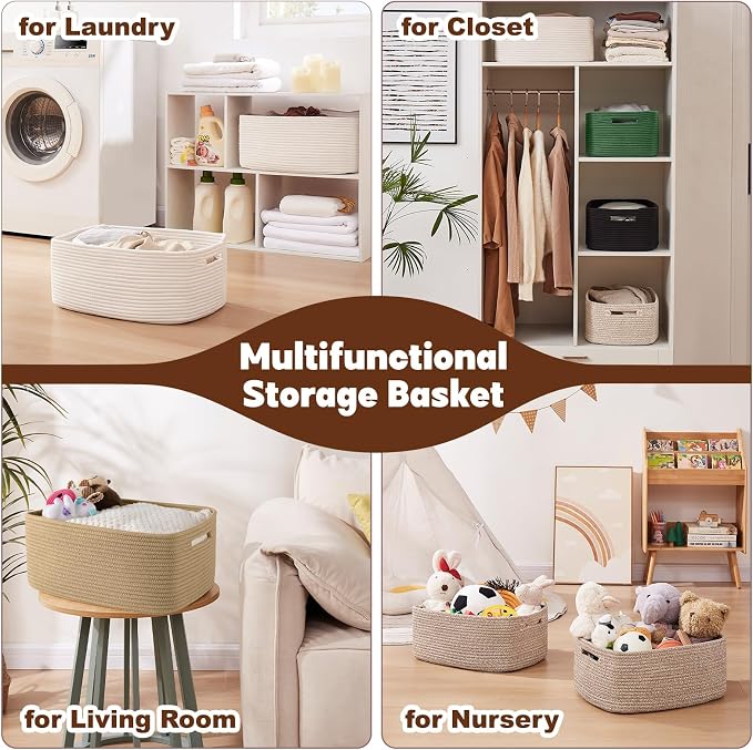OIAHOMY Storage Basket for Shelves, Closet Cube Storage Bins Baskets for Clothes Blanket Towels, Baby Nursery, Toy Baskets Box, Woven Rope Basket, 17.72 * 12.99 * 7.87 IN, 2 Packs White