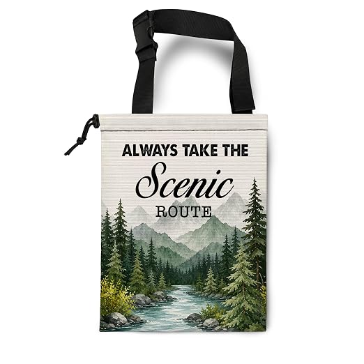 Nature Landscape Scenic Car Trash Bag Hanging for Back Seat | Camping Camper Hiking Gifts Canvas Drawstring Car Garbage Bag with Adjustable Buckle Vehicle Trash Can