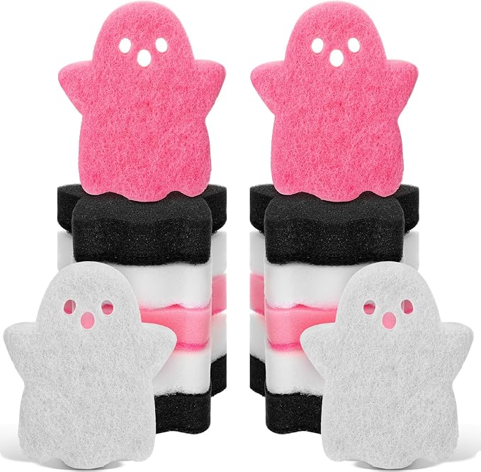 Tioncy 12 Pack Halloween Ghost Kitchen Sponges, Black, White, Pink | Dual Sided Scrubber, Gothic Halloween Decor, Reusable Non Scratch Dishwashing, for Cookware Pot Boiler Pan Household
