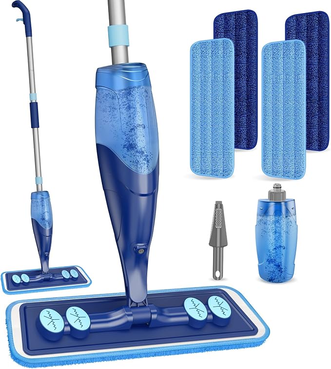 Microfiber Hardwood Floor Mop - Spray Mop with 4 Washable Pads | Wet Dry Use Mop, For Tile Wood Laminate Vinyl Marble Multi-Surface, 500+ ML Refillable Bottle, 360° Swivel Head, Dark Blue