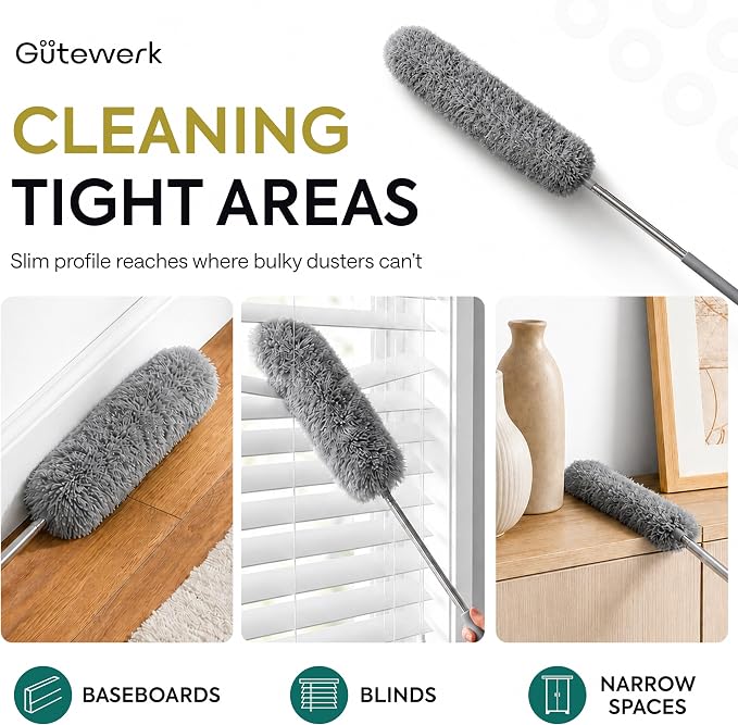 GÜTEWERK Extendable Microfiber Duster, 100 Inch - Feather Dusters for Cleaning Ceiling Fans, Blinds, Baseboards & High Ceilings - Washable, Electrostatic, 360° Bendable Head, Stainless Steel Pole