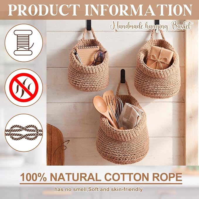 Honeydak 3 Hanging Baskets,Light Linen,Barrel,Cotton Rope | Wicker Wall Baskets with Hooks for Fruit Vegetable Onion Storage, Teardrop Organizer for Kitchen, Boho Farmhouse Decor