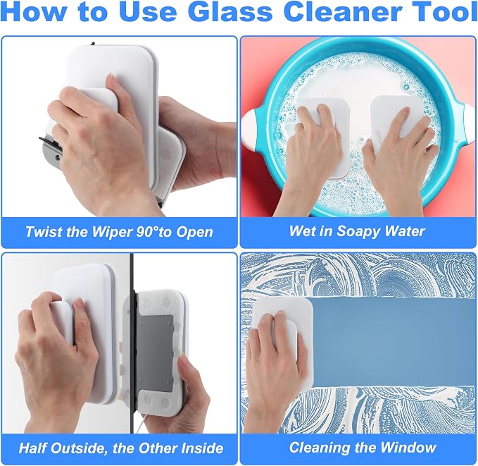 Magnetic Windshield Cleaner Tool, Double-Sided Window Cleaner Tool, Magnetic Glass Wiper for Car/High Rise/Windshield/Sidewindow/Sliding Door Glass Thickness 3-10mm/0.12-0.4inch
