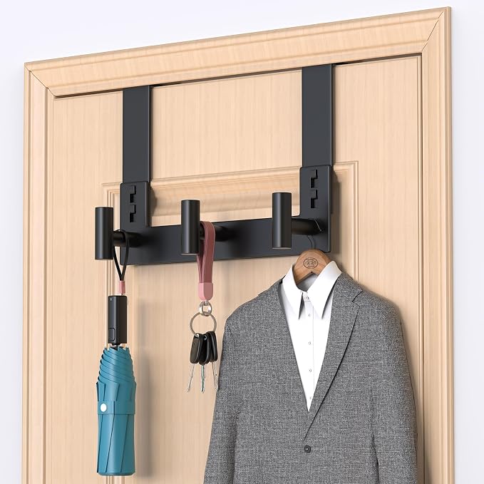 PMMASTO Door Hanger for 1-3/4 Inch Doors, Black- 3 Hooks, T Shape | Stainless Steel Door Hooks Organize Coats Towels Robes in Bathrooms Bedrooms Closets