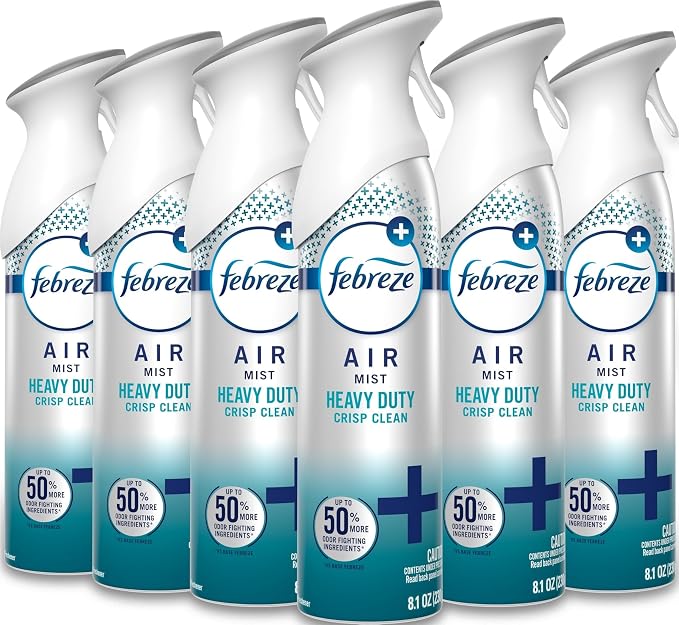 Febreze Air Mist, Air Freshener Spray, Odor Fighting Room Spray, Deodorizer for Home Bathroom Kitchen Office Apartment Dorm Room Classroom, Heavy Duty Crisp Clean Scent, 8.1oz, (Pack of 6)