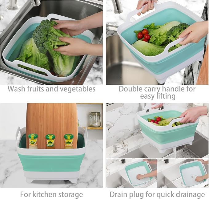 Dishpan for Washing Dishes, 2.4Gal/9L Wash Basin with Draining Plug Carry Handles, Collapsible Bucket for Cleaning, Portable Sink, Foldable Plastic Tub