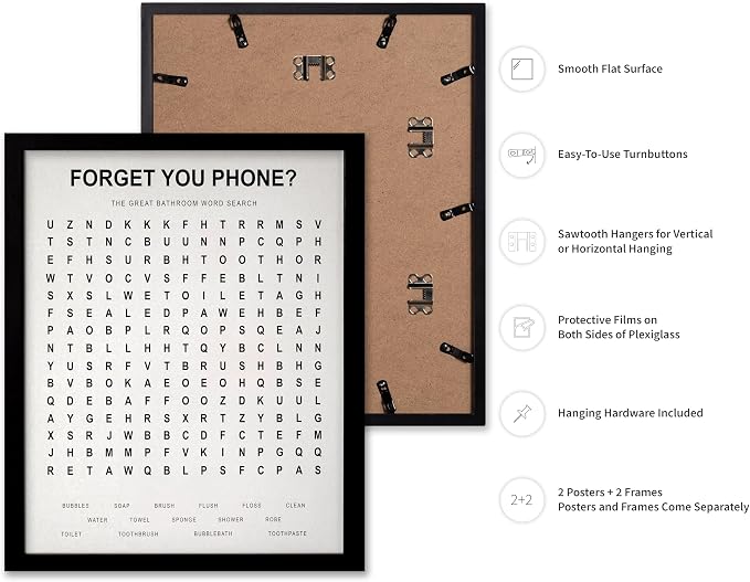 Poster Master 2-Piece Forget Your Phone Print - The Great Bathroom Word & Way Search Poster - Guest Bath Decor - Black & White Design - Powder Room Decor - Fun Restroom Sign - 11x14 Black Framed