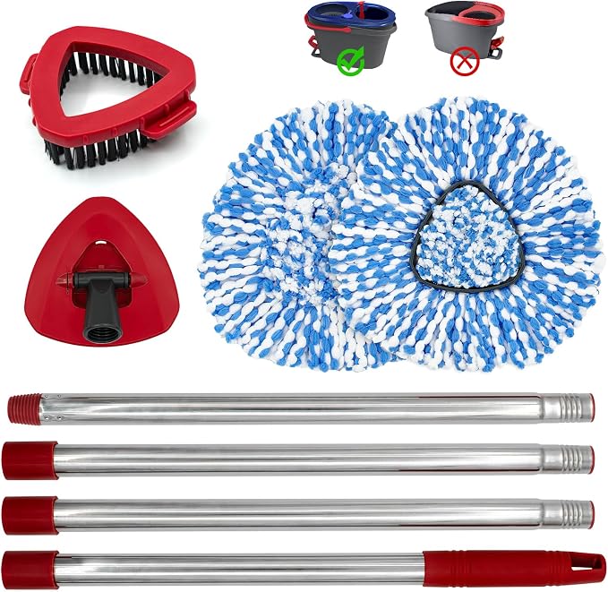 Mop Replacement for O-Cedar RinseClean 2-Tank, Mop Handle for Ocedar Mop | Includes 2 Mop Heads Replacements 4-Section Mop Handle 1 Mop Base 1 Scrubber Mop Head, Reusable and Washable,Wet/Dry Use