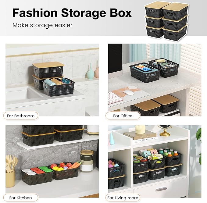 Ohmlove 6 Pack Plastic Storage Baskets with Bamboo Lids for Organization | Stackable Storage bins, Storages Baskets for Organizing Shelves Drawers Desktop Closet Playroom Classroom Office,Black