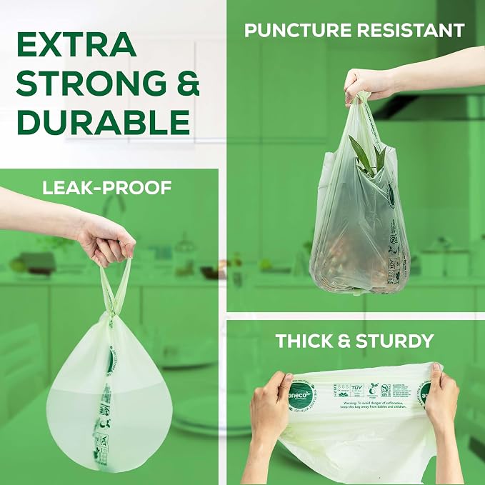 ANECO 100% Compostable Food Waste Bags 1.6 Gallon With Handles (30 Count) | Small Compost Bags for Countertop Bin, OK Compost HOME & BPI Certified Compostable Kitchen Food Waste Bags